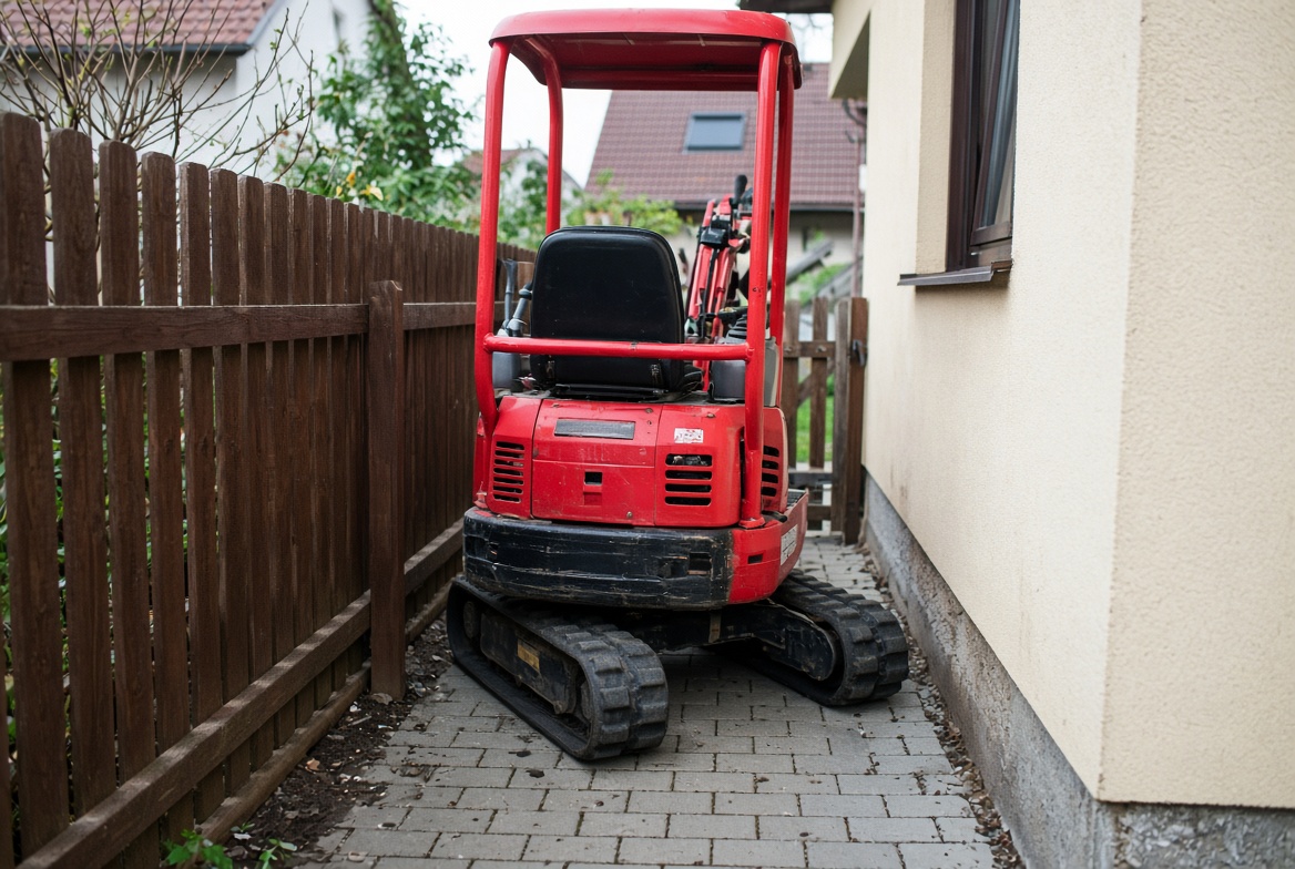 Minibagr projíždí úzkým průchodem mezi plotem a domem