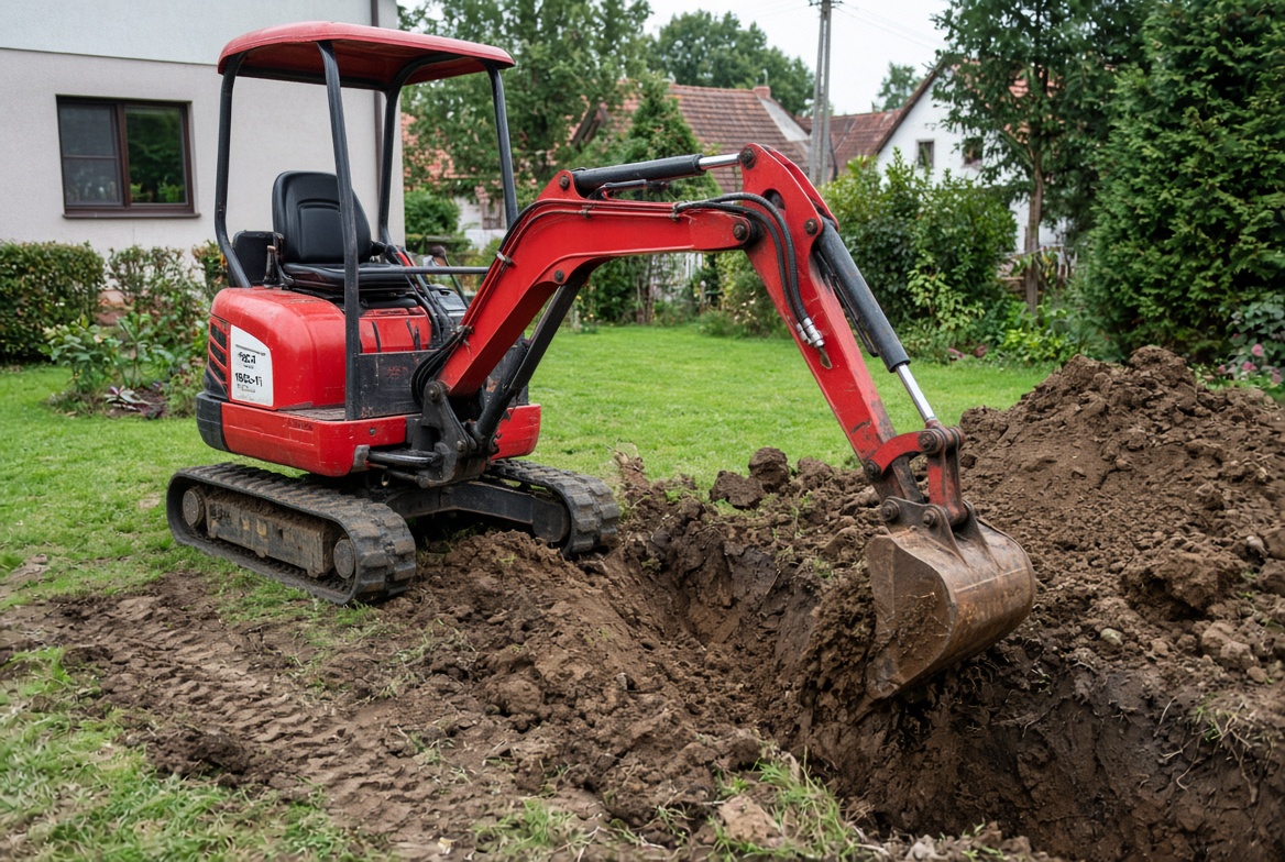 Červený minibagr 1,5 t při výkopu na zahradě u domu