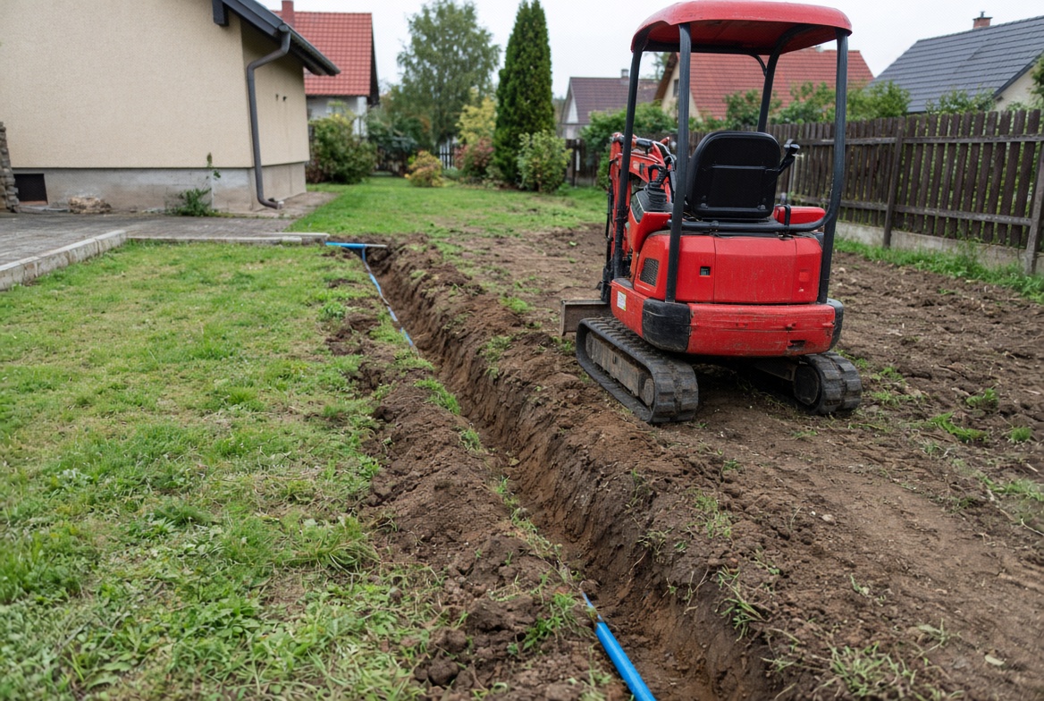 Výkop rýhy pro přípojku vody minibagrem na zahradě